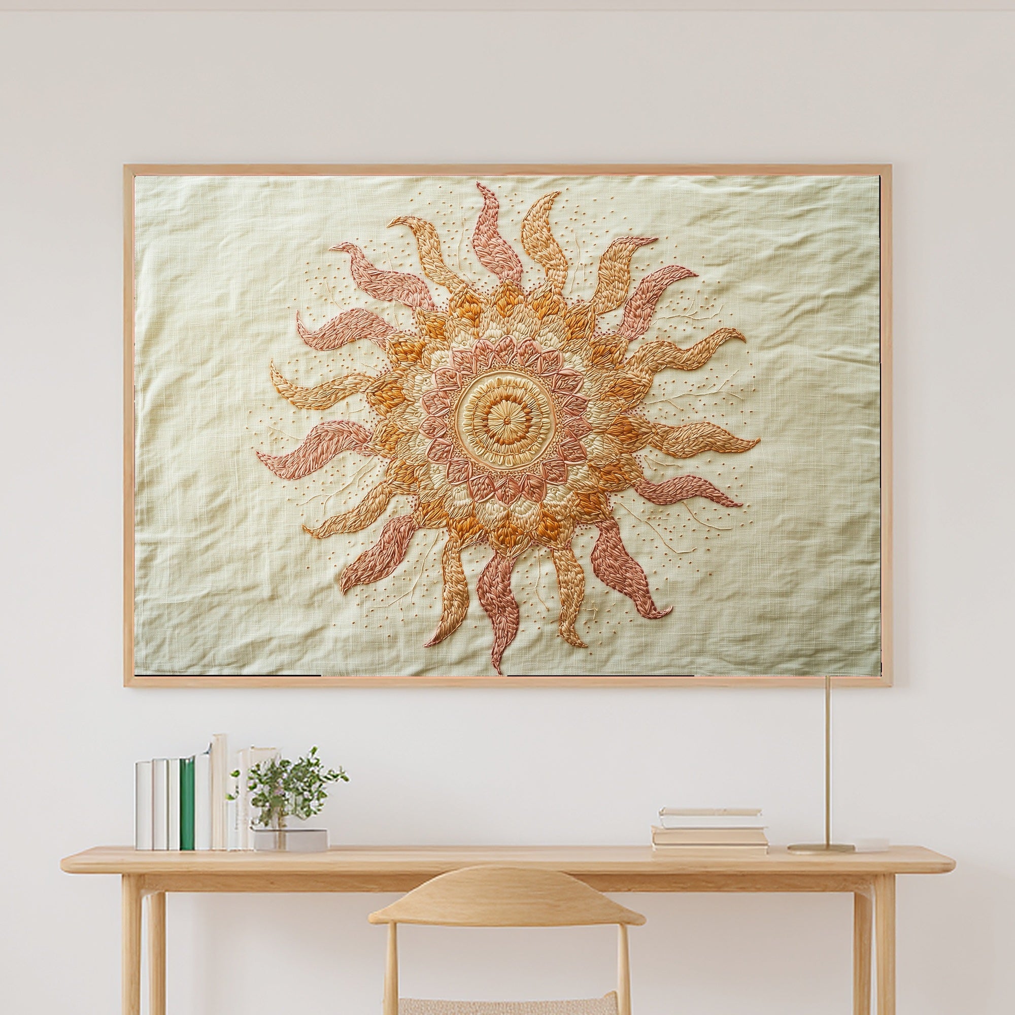 Boho Embroidered Sun Mandala Stretched Canvas Print | Soulful Sacred Art | Meditation Space Decor | Gift for Creatives — boho-embroidered-sun-mandala-canvas-print.jpg