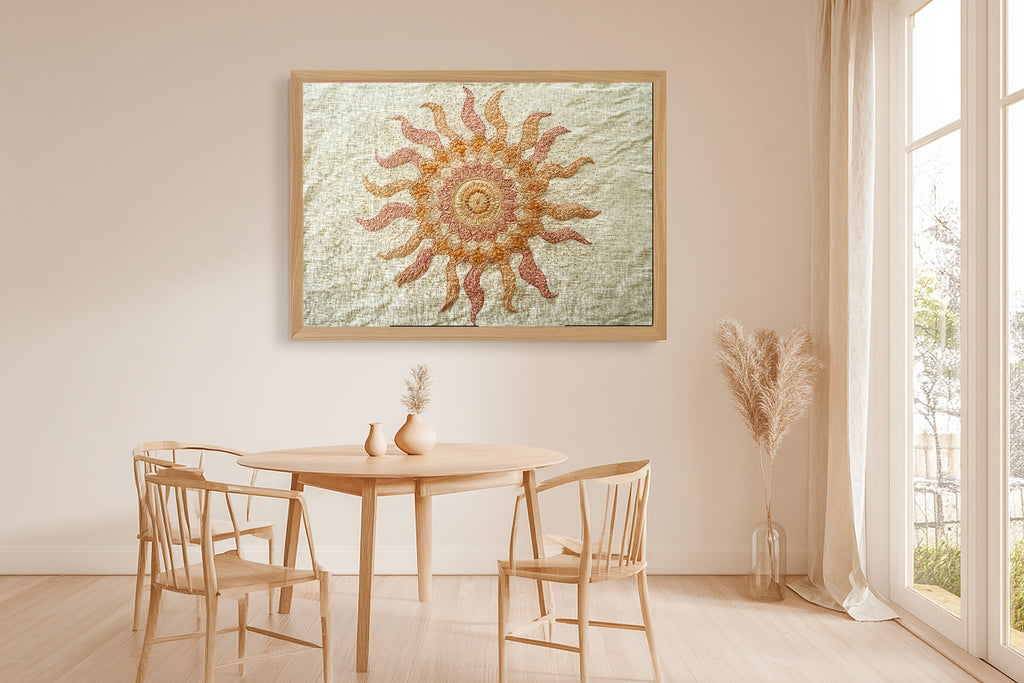 Boho Embroidered Sun Mandala Stretched Canvas Print | Soulful Sacred Art | Meditation Space Decor | Gift for Creatives — boho-embroidered-sun-mandala-dining-room-wall-art.jpg