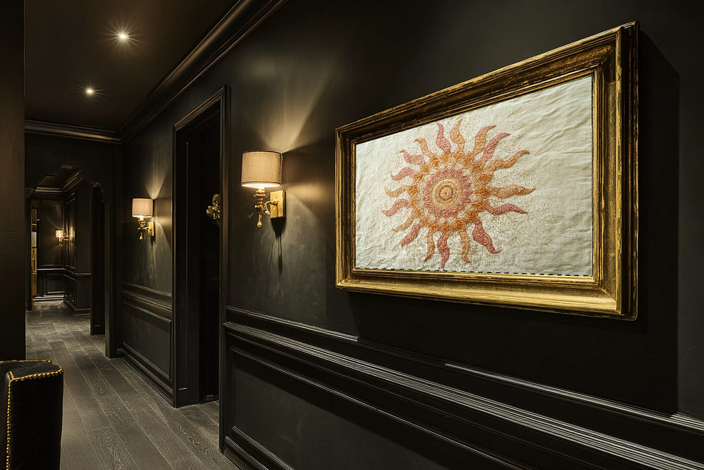 Boho Embroidered Sun Mandala Stretched Canvas Print | Soulful Sacred Art | Meditation Space Decor | Gift for Creatives — boho-embroidered-sun-mandala-hallway-wall-art.jpg