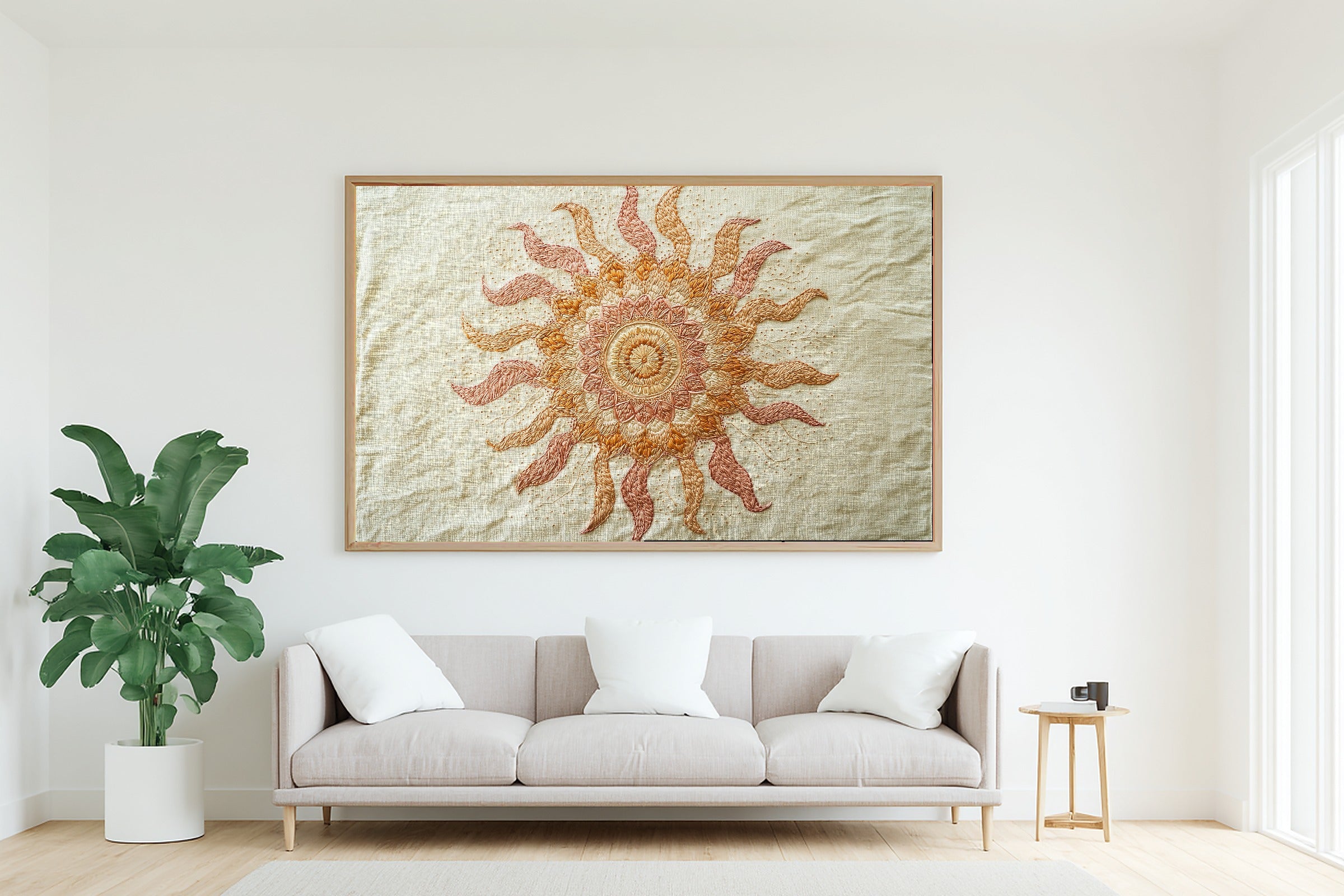 Boho Embroidered Sun Mandala Stretched Canvas Print | Soulful Sacred Art | Meditation Space Decor | Gift for Creatives — boho-embroidered-sun-mandala-living-room-wall-art.jpg