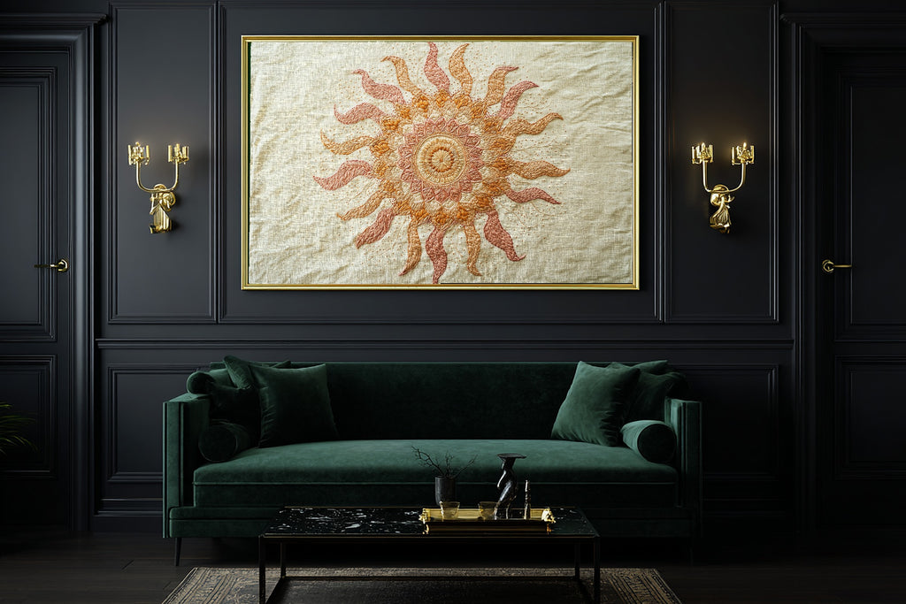 Boho Embroidered Sun Mandala Stretched Canvas Print | Soulful Sacred Art | Meditation Space Decor | Gift for Creatives — boho-embroidered-sun-mandala-office-wall-art.jpg