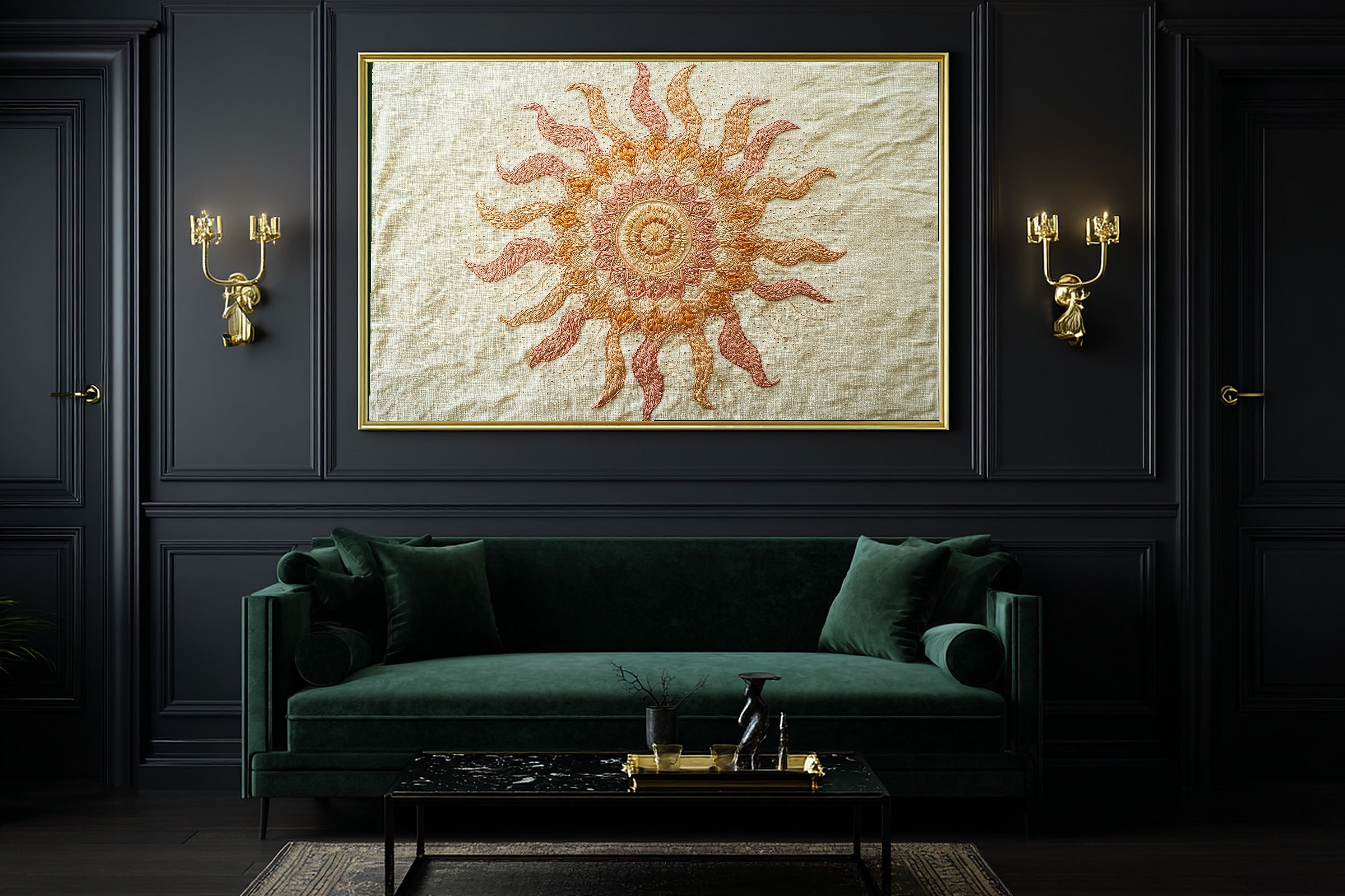 Boho Embroidered Sun Mandala Stretched Canvas Print | Soulful Sacred Art | Meditation Space Decor | Gift for Creatives — boho-embroidered-sun-mandala-office-wall-art.jpg
