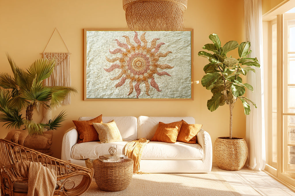 Boho Embroidered Sun Mandala Stretched Canvas Print | Soulful Sacred Art | Meditation Space Decor | Gift for Creatives — boho-embroidered-sun-mandala-room-5-wall-art.jpg