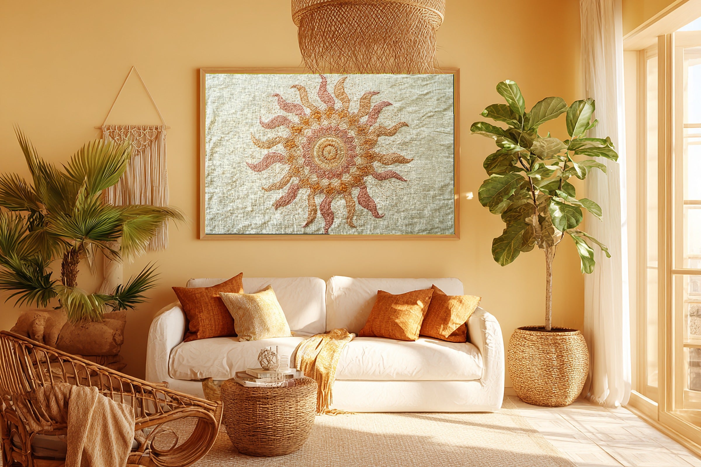 Boho Embroidered Sun Mandala Stretched Canvas Print | Soulful Sacred Art | Meditation Space Decor | Gift for Creatives — boho-embroidered-sun-mandala-room-5-wall-art.jpg