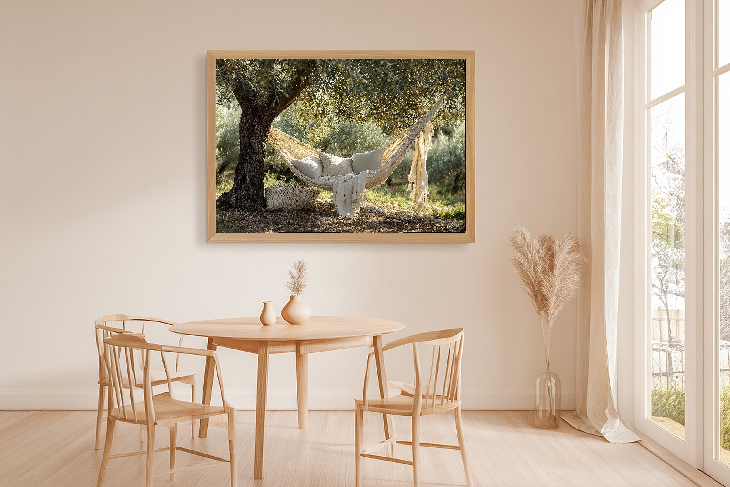 Boho Hammock Cream Linen Canvas Wall Art, Dreamy Timeless Artwork Home Decor, Living Room Centerpiece, Ready to Hang — boho-hammock-cream-linen-dining-room-wall-art.jpg
