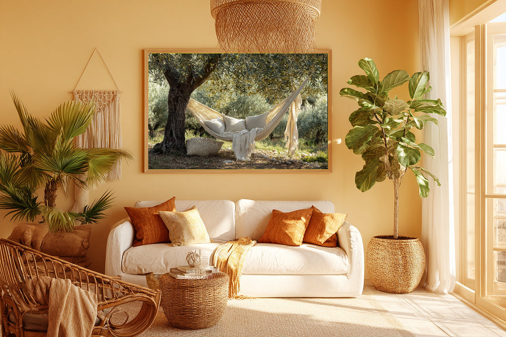 Boho Hammock Cream Linen Canvas Wall Art, Dreamy Timeless Artwork Home Decor, Living Room Centerpiece, Ready to Hang — boho-hammock-cream-linen-room-5-wall-art.jpg
