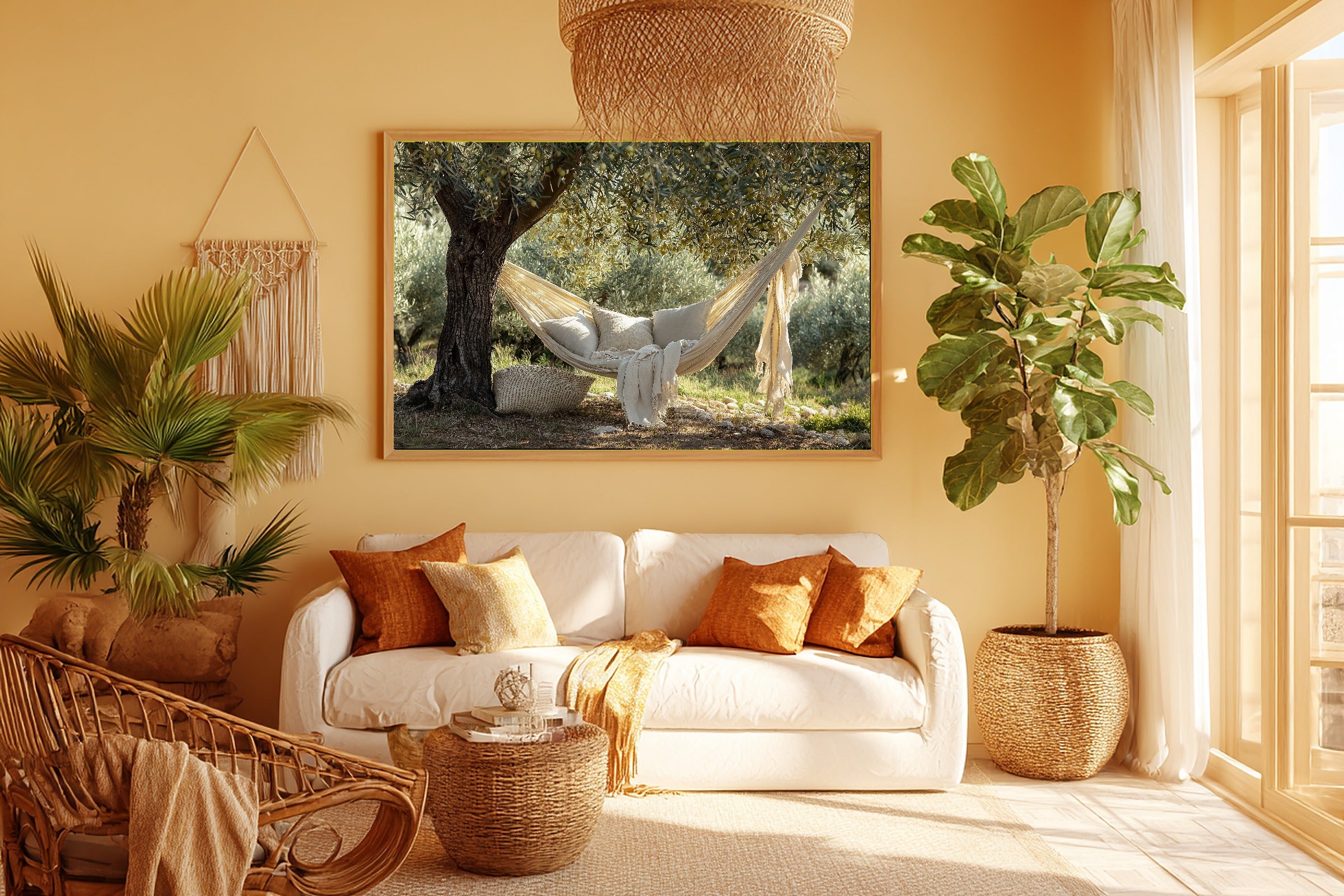 Boho Hammock Cream Linen Canvas Wall Art, Dreamy Timeless Artwork Home Decor, Living Room Centerpiece, Ready to Hang — boho-hammock-cream-linen-room-5-wall-art.jpg