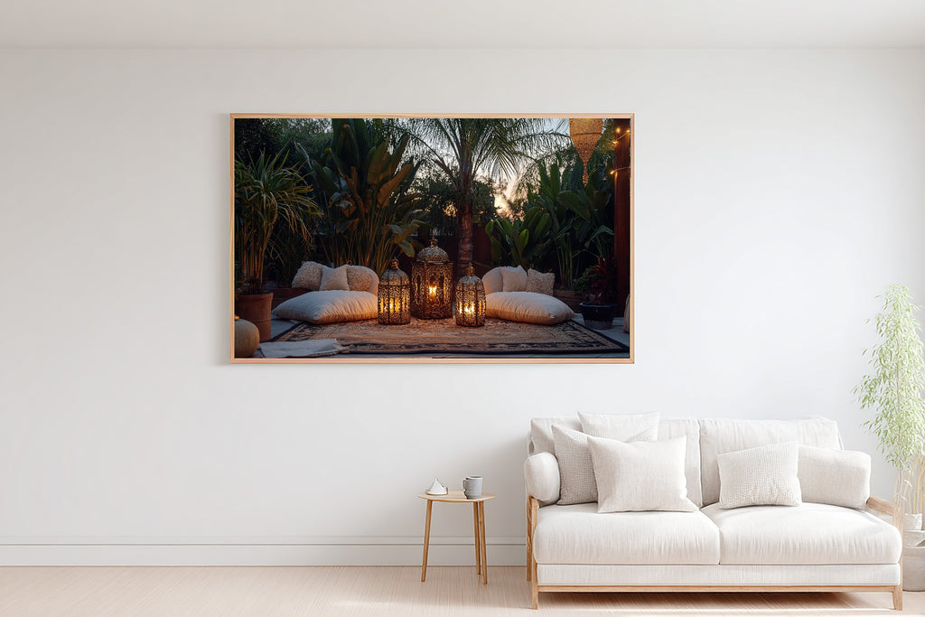 Boho Outdoor Moroccan Lantern Stretched Canvas Print, Cozy Neutral Palette, Perfect for the Bedroom, Birthday Gift for Her — boho-outdoor-moroccan-lantern-bedroom-wall-art.jpg