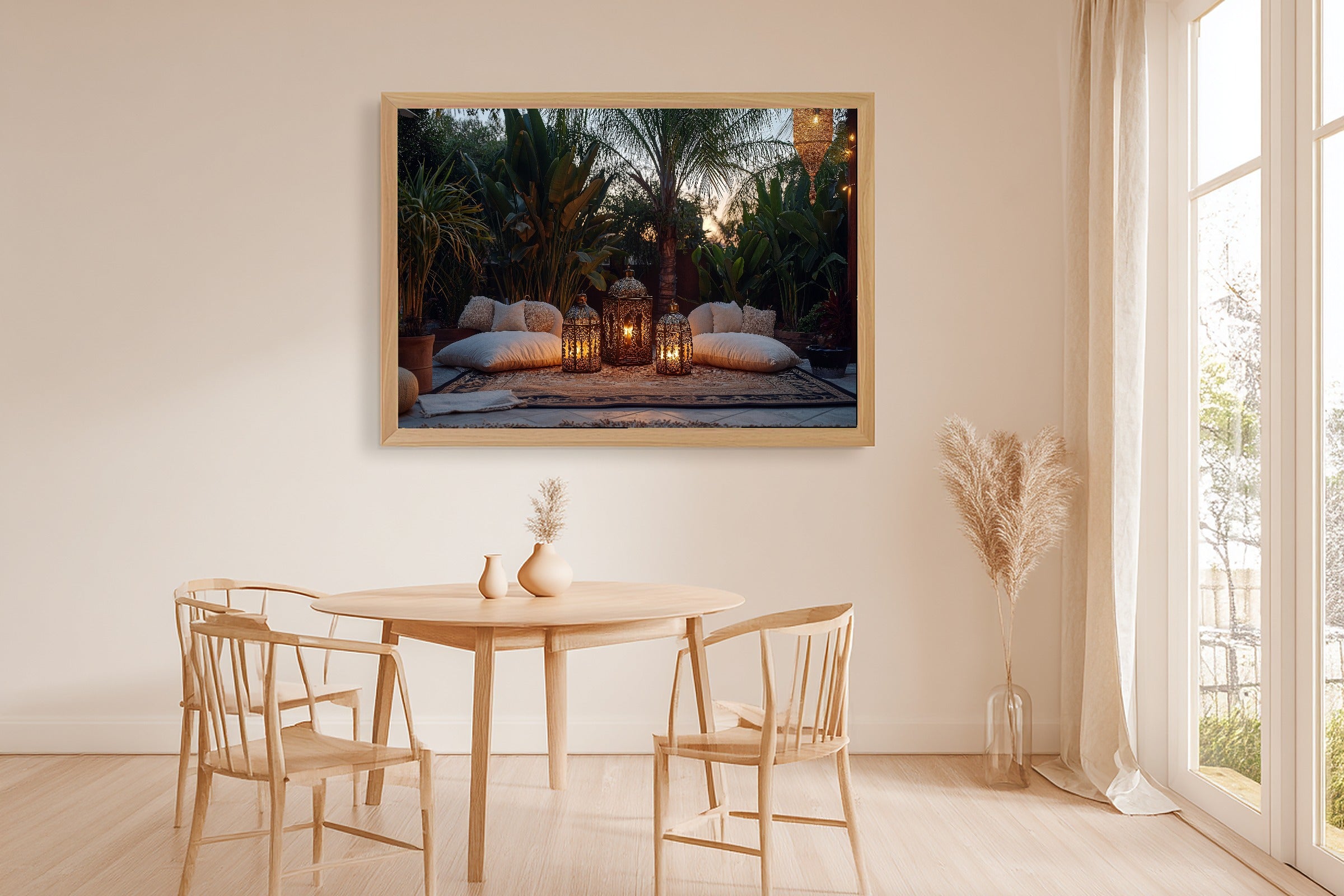 Boho Outdoor Moroccan Lantern Stretched Canvas Print, Cozy Neutral Palette, Perfect for the Bedroom, Birthday Gift for Her — boho-outdoor-moroccan-lantern-dining-room-wall-art.jpg