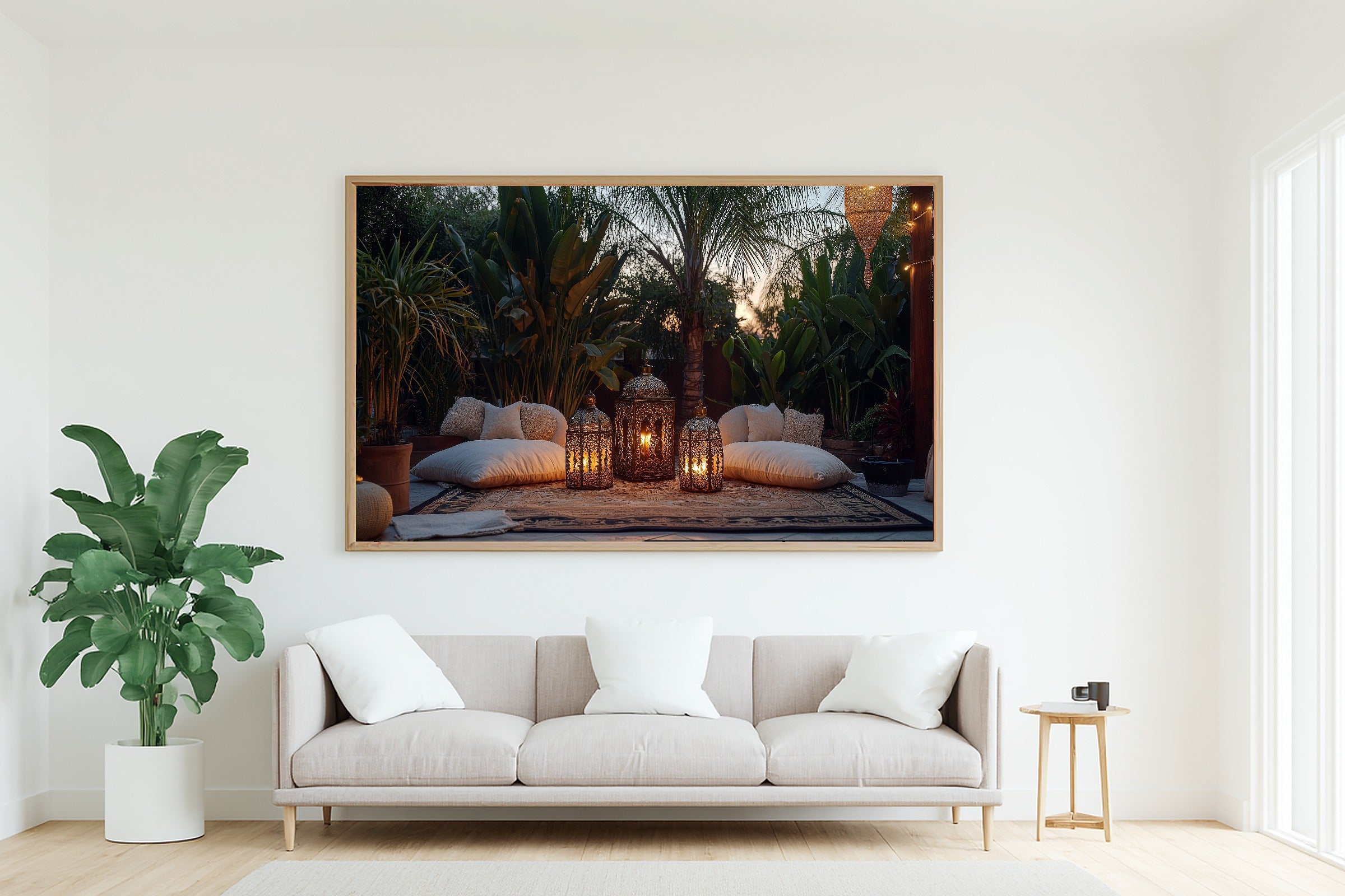Boho Outdoor Moroccan Lantern Stretched Canvas Print, Cozy Neutral Palette, Perfect for the Bedroom, Birthday Gift for Her — boho-outdoor-moroccan-lantern-living-room-wall-art.jpg
