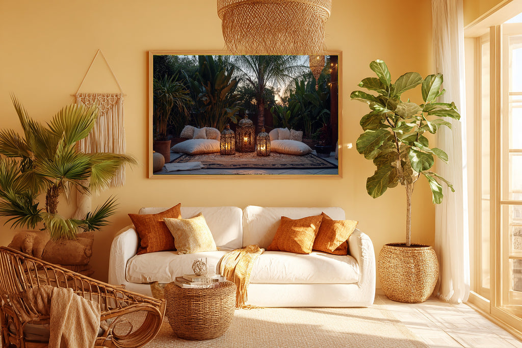 Boho Outdoor Moroccan Lantern Stretched Canvas Print, Cozy Neutral Palette, Perfect for the Bedroom, Birthday Gift for Her — boho-outdoor-moroccan-lantern-room-5-wall-art.jpg