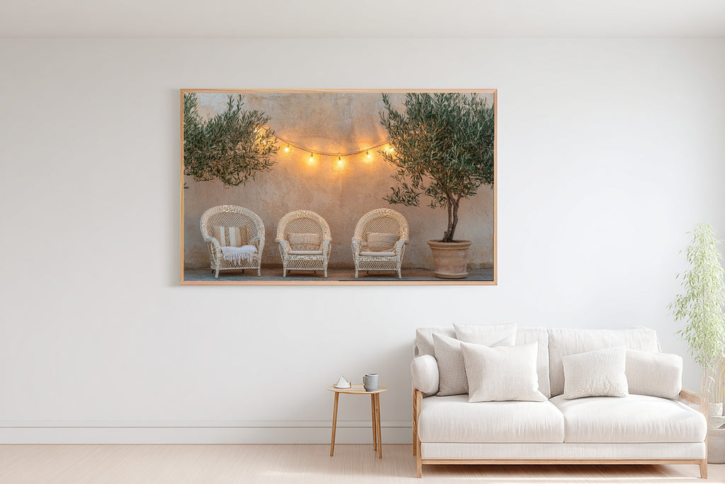 Boho Patio String Lights Wicker Museum-Quality Canvas, Cozy Studio Decor Gallery Print, Modern Home Office Art, Perfect Anniversary Gift — boho-patio-string-lights-wicker-bedroom-wall-art.jpg