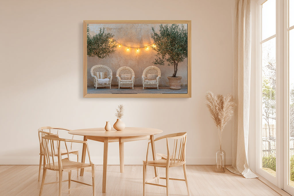 Boho Patio String Lights Wicker Museum-Quality Canvas, Cozy Studio Decor Gallery Print, Modern Home Office Art, Perfect Anniversary Gift — boho-patio-string-lights-wicker-dining-room-wall-art.jpg