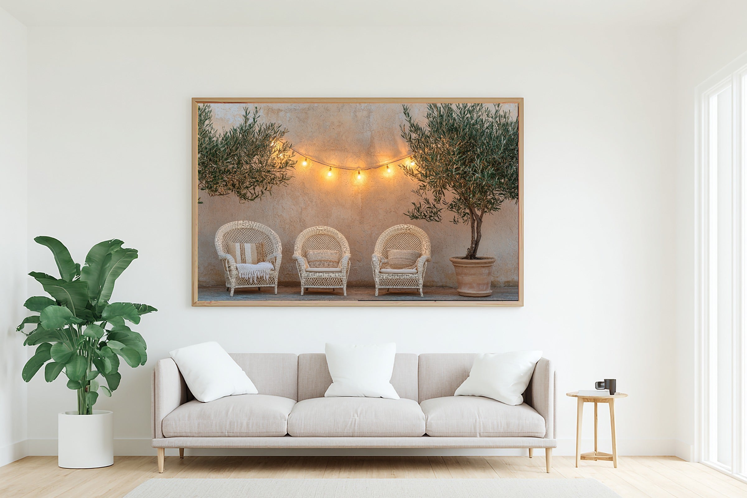 Boho Patio String Lights Wicker Museum-Quality Canvas, Cozy Studio Decor Gallery Print, Modern Home Office Art, Perfect Anniversary Gift — boho-patio-string-lights-wicker-living-room-wall-art.jpg