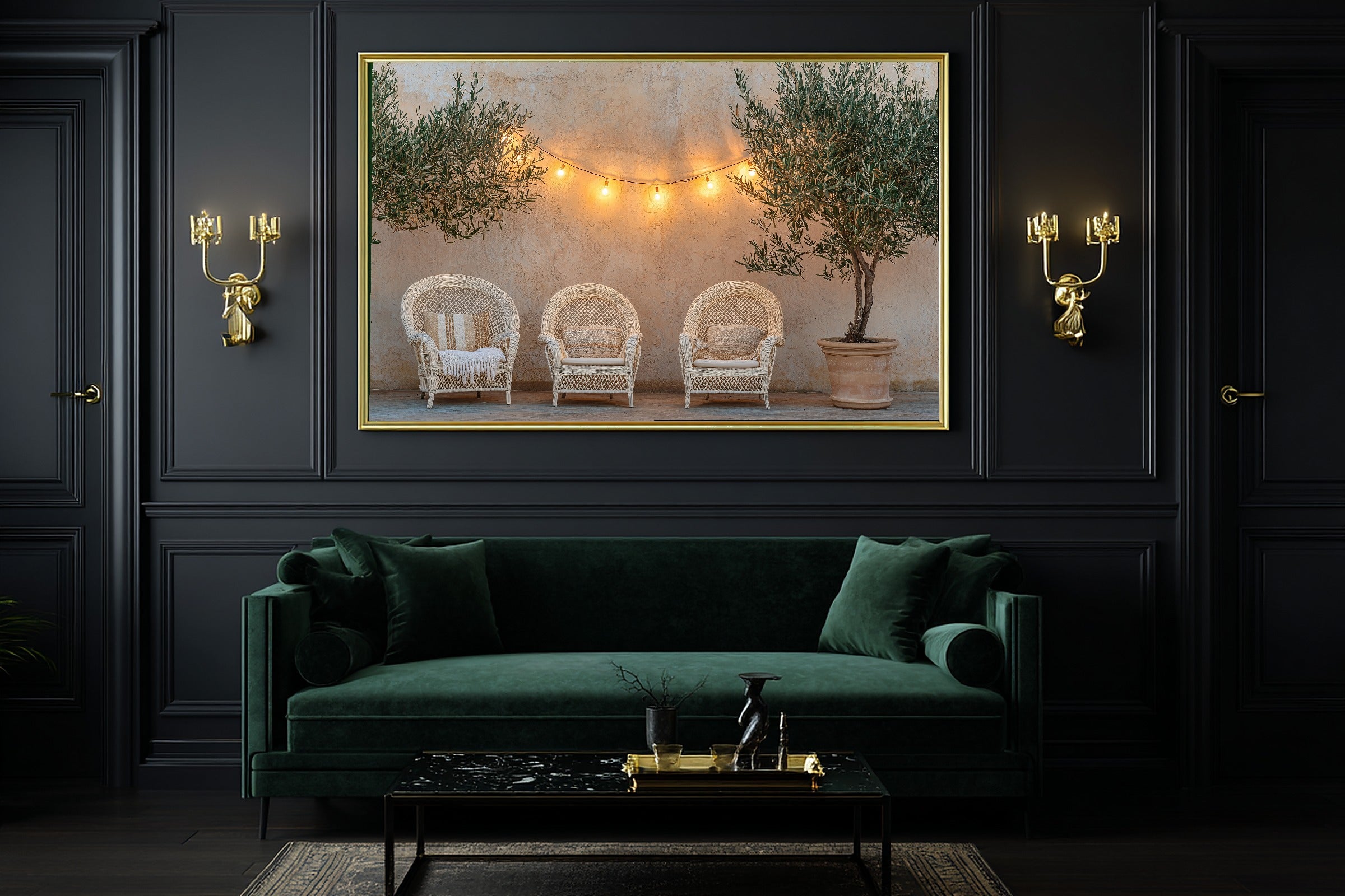 Boho Patio String Lights Wicker Museum-Quality Canvas, Cozy Studio Decor Gallery Print, Modern Home Office Art, Perfect Anniversary Gift — boho-patio-string-lights-wicker-office-wall-art.jpg