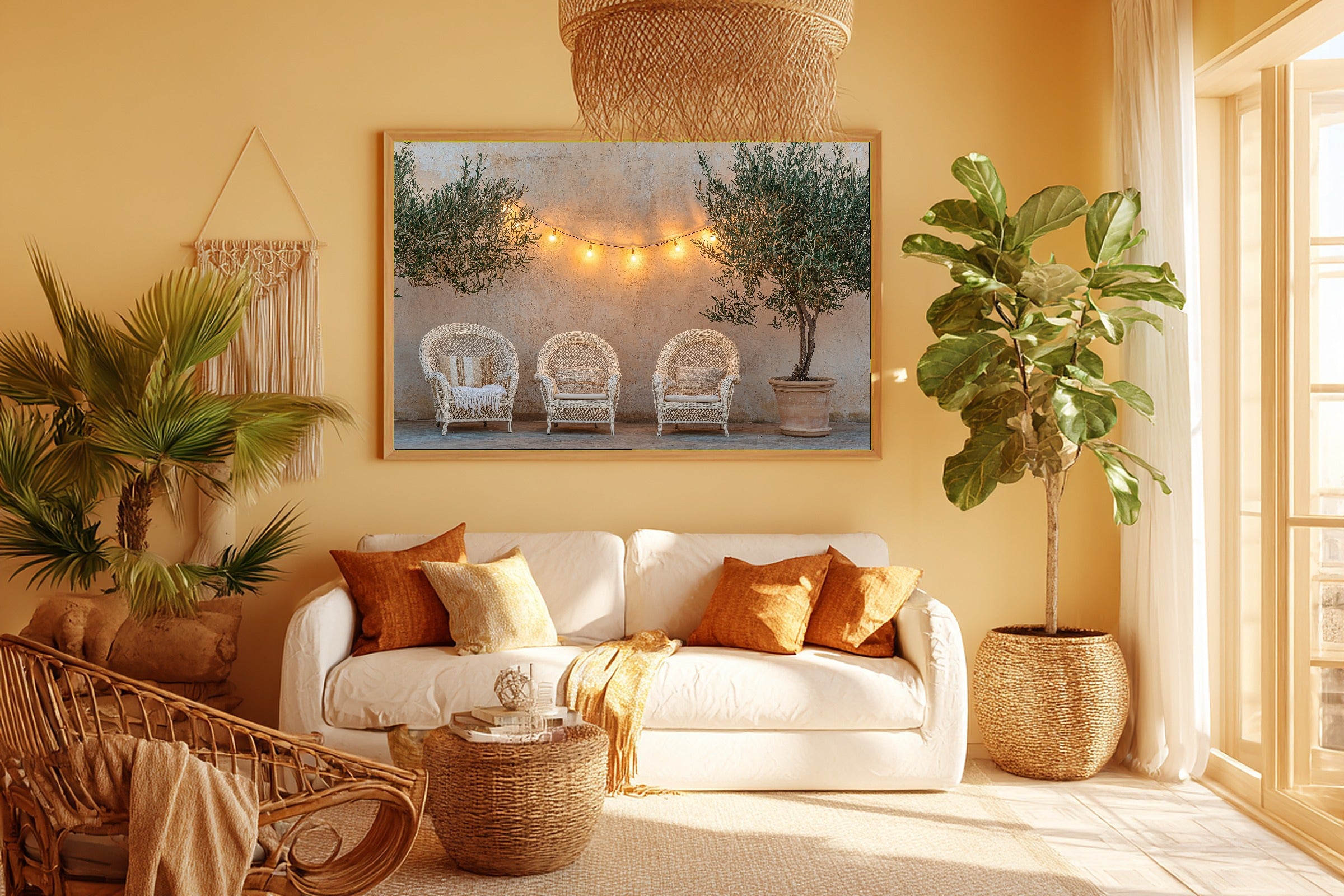 Boho Patio String Lights Wicker Museum-Quality Canvas, Cozy Studio Decor Gallery Print, Modern Home Office Art, Perfect Anniversary Gift — boho-patio-string-lights-wicker-room-5-wall-art.jpg