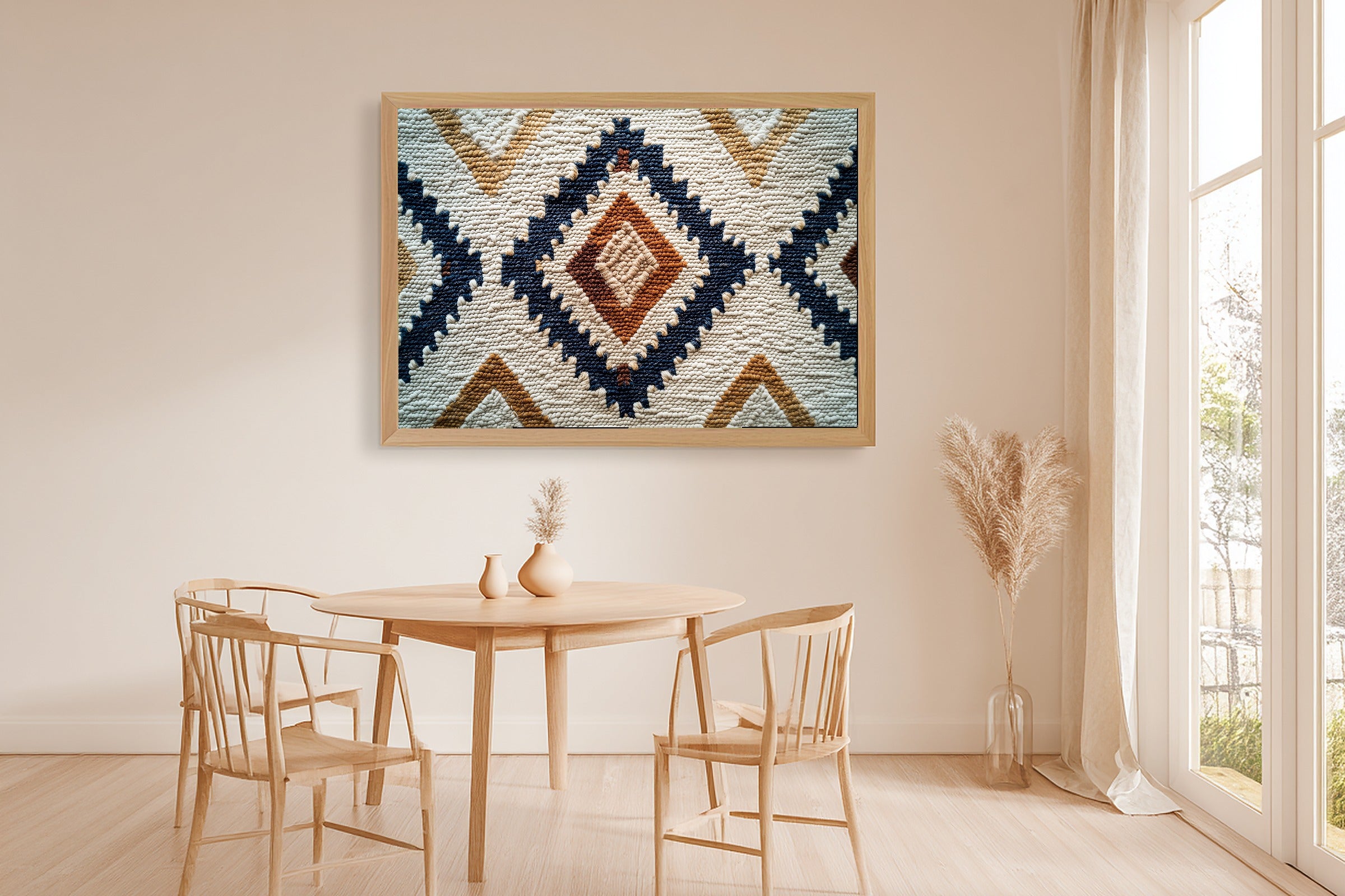 Boho Rug Pattern Painterly Stretched Canvas Print, Warm Gallery Wall Art Art Print, Modern Bedroom Art, Gift Under 100 — boho-rug-pattern-painterly-dining-room-wall-art.jpg
