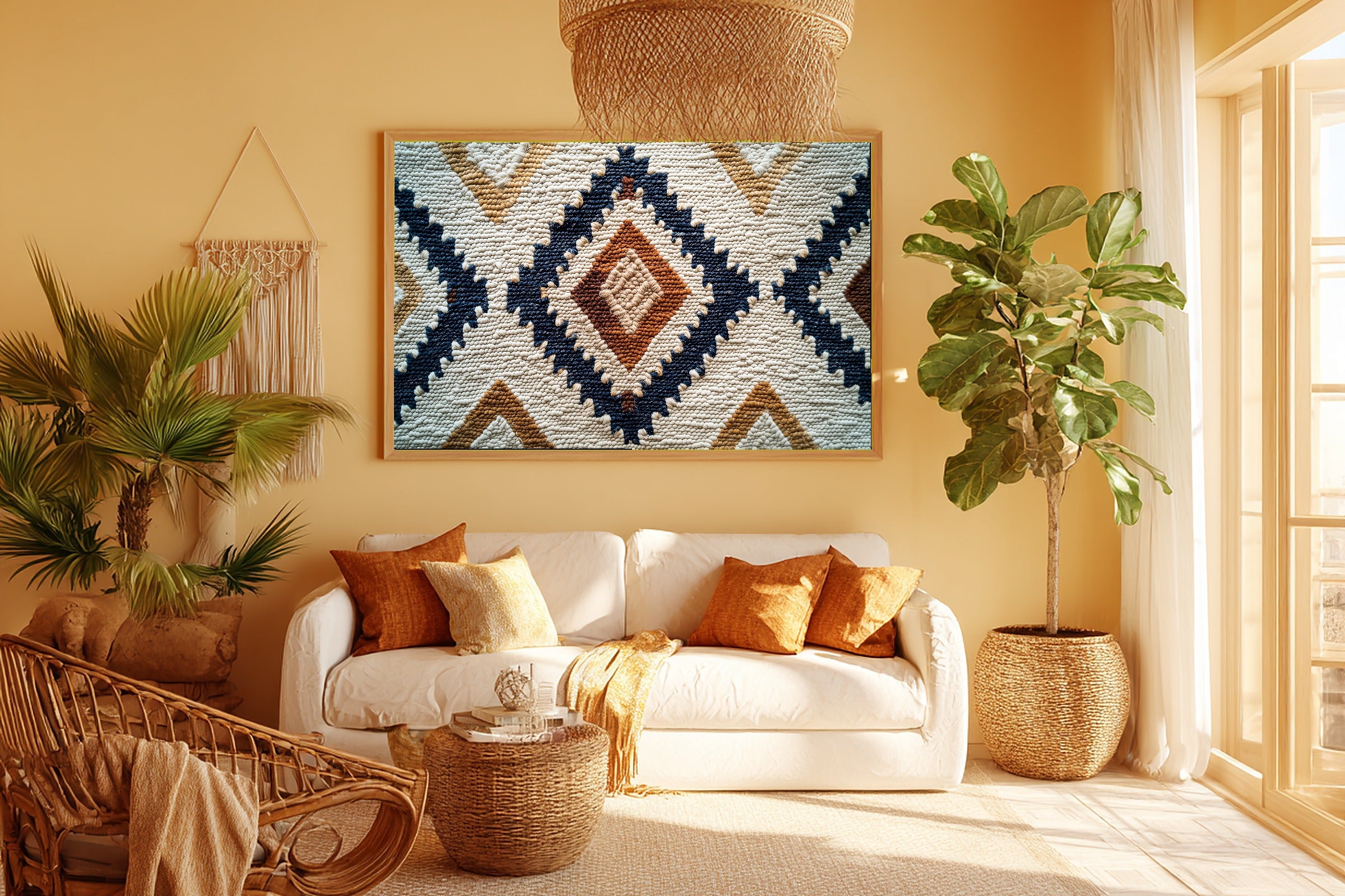Boho Rug Pattern Painterly Stretched Canvas Print, Warm Gallery Wall Art Art Print, Modern Bedroom Art, Gift Under 100 — boho-rug-pattern-painterly-room-5-wall-art.jpg