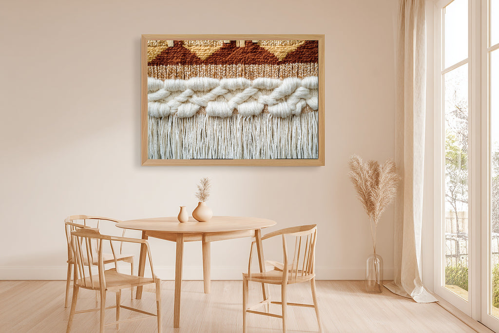 Boho Woven Wall Tapestry Wall Art Canvas, Cozy Studio Decor Home Decor, Living Room Centerpiece, Ready to Hang — boho-woven-wall-tapestry-dining-room-wall-art.jpg