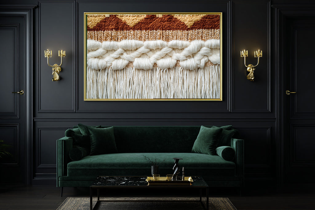 Boho Woven Wall Tapestry Wall Art Canvas, Cozy Studio Decor Home Decor, Living Room Centerpiece, Ready to Hang — boho-woven-wall-tapestry-office-wall-art.jpg