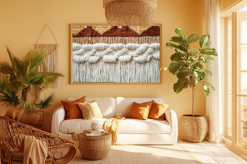 Boho Woven Wall Tapestry Wall Art Canvas, Cozy Studio Decor Home Decor, Living Room Centerpiece, Ready to Hang — boho-woven-wall-tapestry-room-5-wall-art.jpg