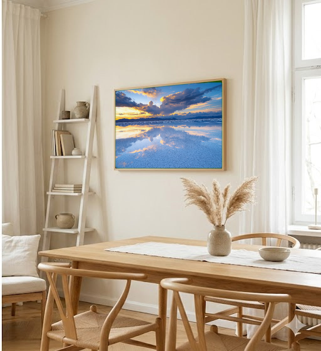 Uyuni Salt Flats Canvas Wall Art | Bolivia Mirror Print, South American Landscape, Otherworldly Decor, Stretched Canvas — bolivia-uyuni-salt-flat-dining-room-wall-art.jpg