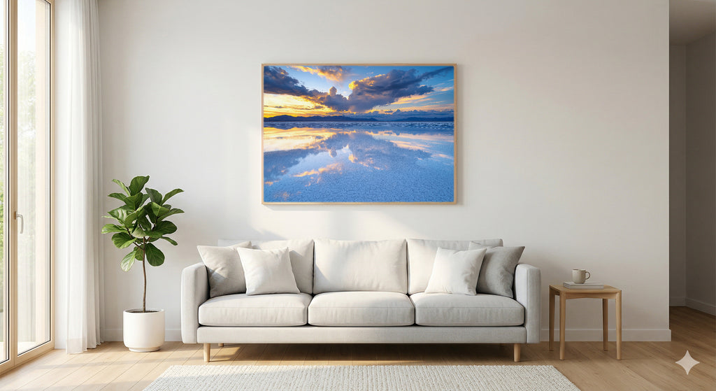 Uyuni Salt Flats Canvas Wall Art | Bolivia Mirror Print, South American Landscape, Otherworldly Decor, Stretched Canvas — bolivia-uyuni-salt-flat-living-room-wall-art.jpg