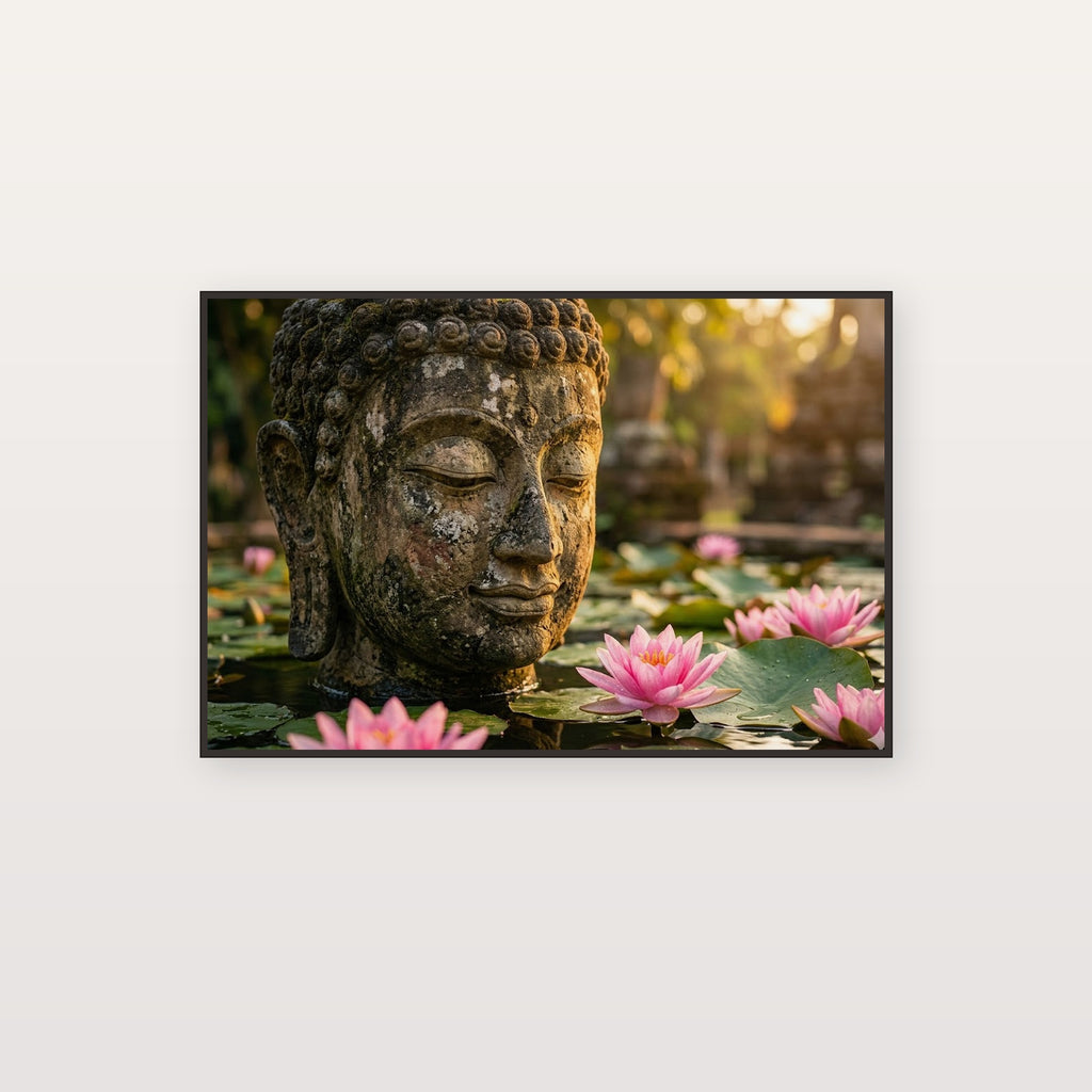 Buddha Face Canvas Wall Art - Lotus Flower Print, Peaceful Zen, Spiritual Decor, Stretched Canvas — buddha face lotus canvas print