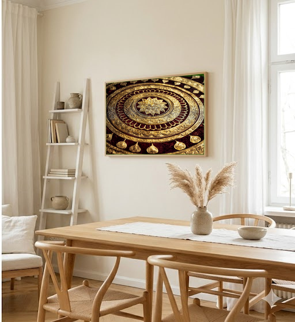 Buddhist Mandala Canvas Wall Art | Sacred Geometry Print, Gold Spiritual, Meditation Decor, Stretched Canvas — buddhist-mandala-gold-dining-room-wall-art.jpg