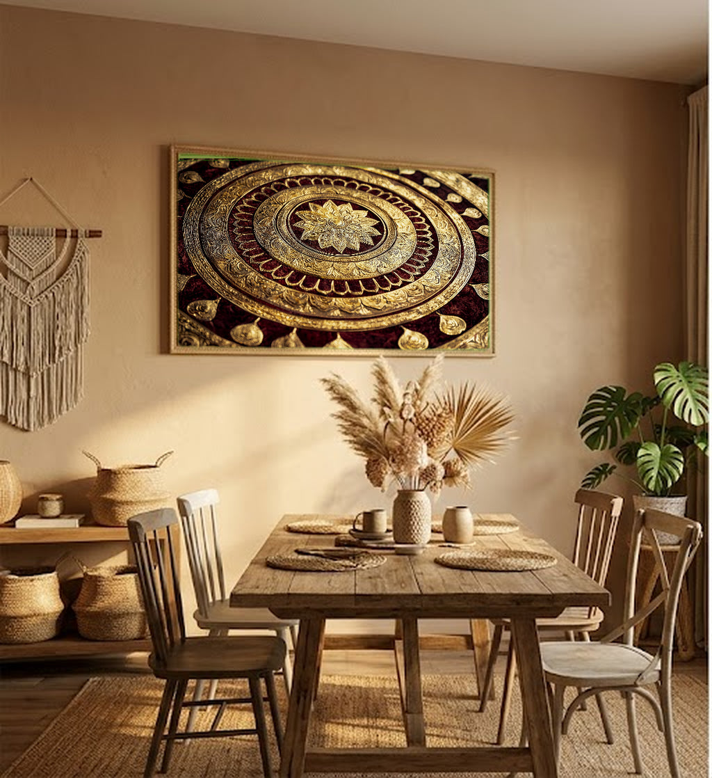 Buddhist Mandala Canvas Wall Art | Sacred Geometry Print, Gold Spiritual, Meditation Decor, Stretched Canvas — buddhist-mandala-gold-hallway-wall-art.jpg