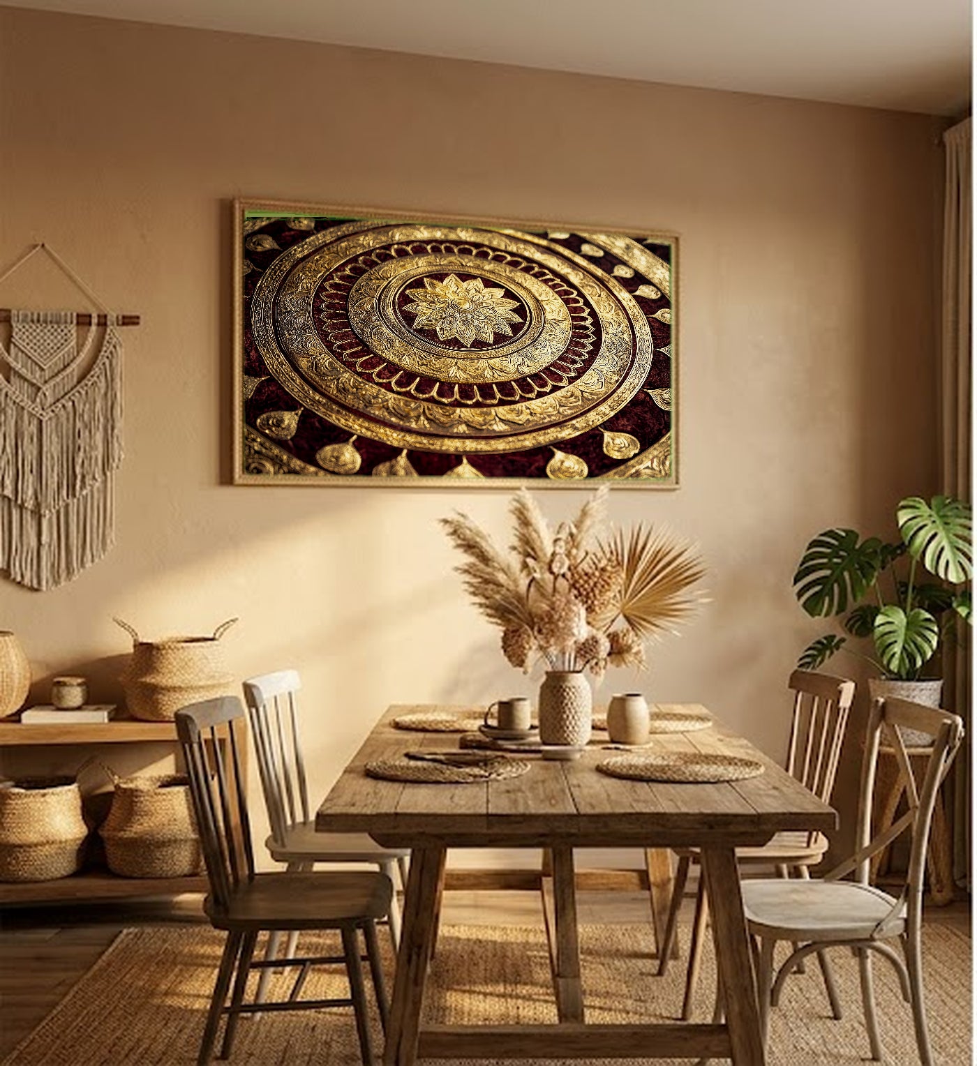 Buddhist Mandala Canvas Wall Art | Sacred Geometry Print, Gold Spiritual, Meditation Decor, Stretched Canvas — buddhist-mandala-gold-hallway-wall-art.jpg