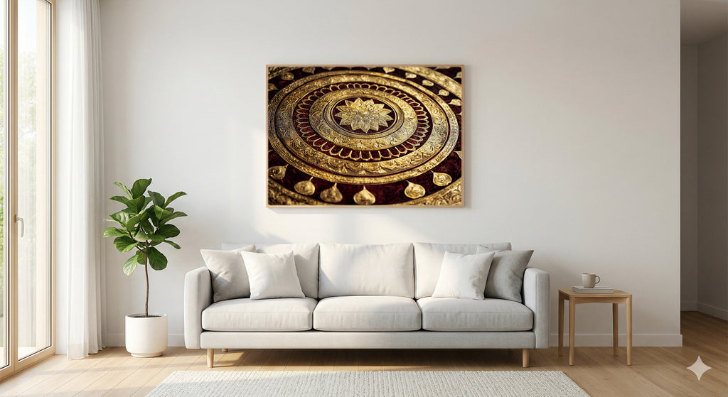 Buddhist Mandala Canvas Wall Art | Sacred Geometry Print, Gold Spiritual, Meditation Decor, Stretched Canvas — buddhist-mandala-gold-living-room-wall-art.jpg