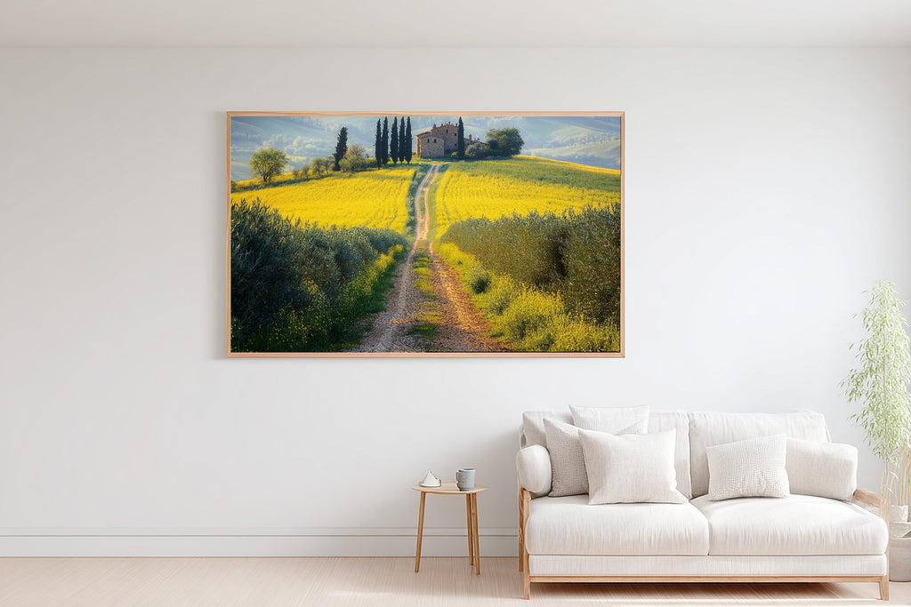 Butter Yellow Tuscan Rapeseed Road Fine Art Canvas, Romantic Mediterranean Wall Art, Warm Mediterranean Light Kitchen Art — butter-yellow-tuscan-rapeseed-road-bedroom-wall-art.jpg