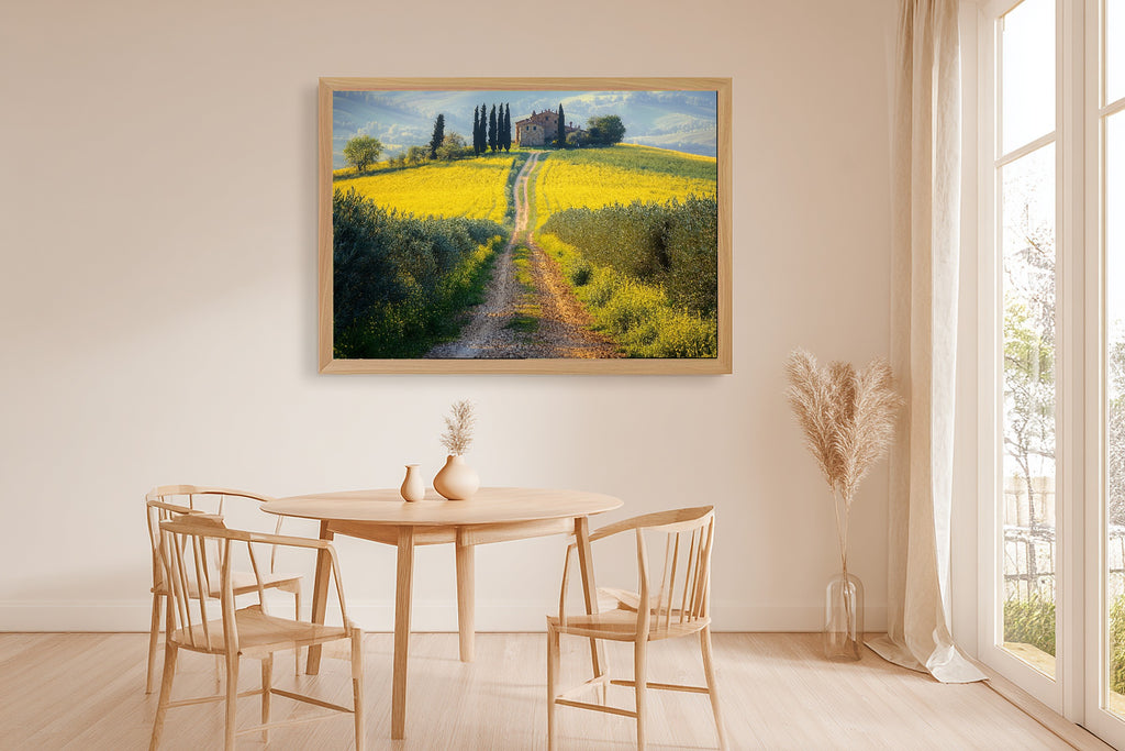 Butter Yellow Tuscan Rapeseed Road Fine Art Canvas, Romantic Mediterranean Wall Art, Warm Mediterranean Light Kitchen Art — butter-yellow-tuscan-rapeseed-road-dining-room-wall-art.jpg
