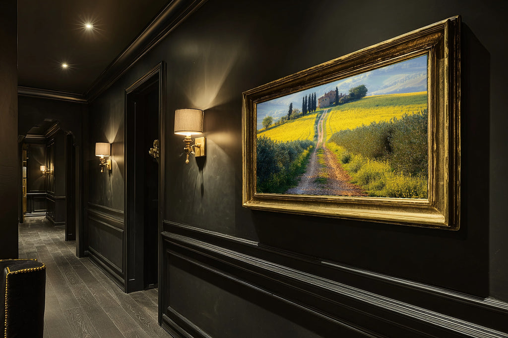 Butter Yellow Tuscan Rapeseed Road Fine Art Canvas, Romantic Mediterranean Wall Art, Warm Mediterranean Light Kitchen Art — butter-yellow-tuscan-rapeseed-road-hallway-wall-art.jpg