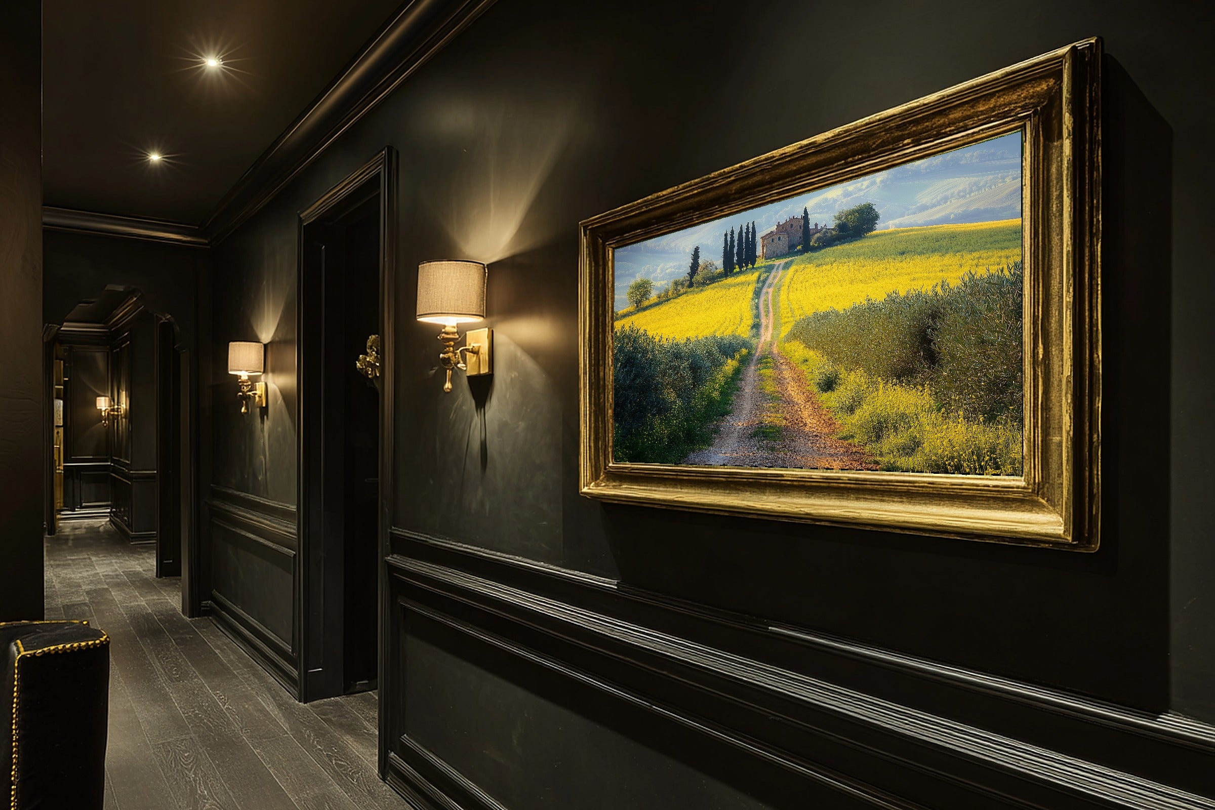 Butter Yellow Tuscan Rapeseed Road Fine Art Canvas, Romantic Mediterranean Wall Art, Warm Mediterranean Light Kitchen Art — butter-yellow-tuscan-rapeseed-road-hallway-wall-art.jpg
