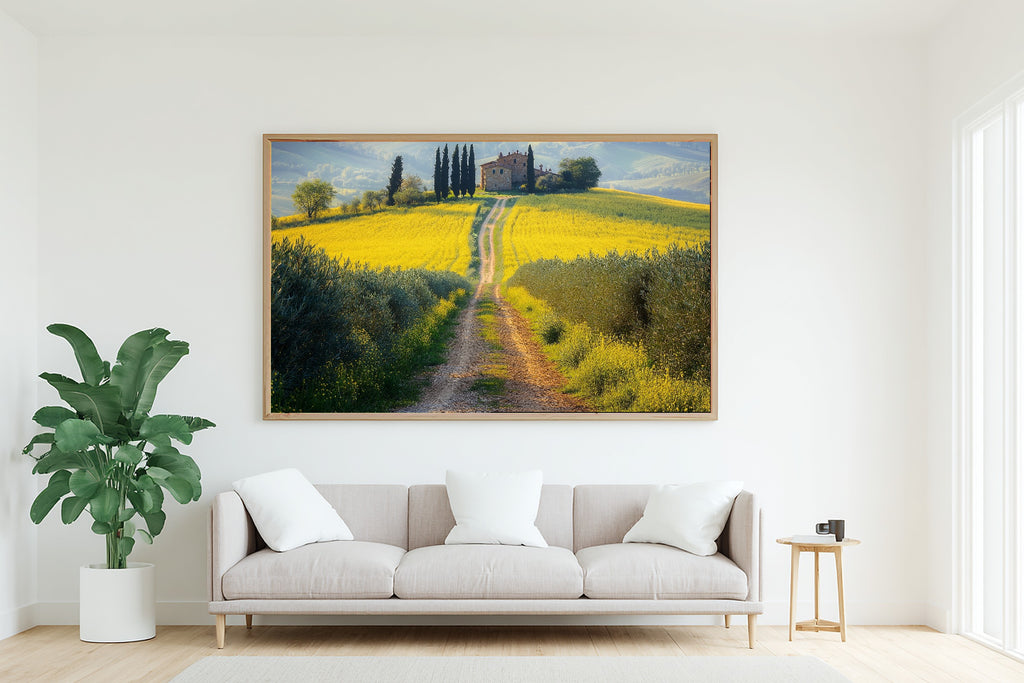 Butter Yellow Tuscan Rapeseed Road Fine Art Canvas, Romantic Mediterranean Wall Art, Warm Mediterranean Light Kitchen Art — butter-yellow-tuscan-rapeseed-road-living-room-wall-art.jpg
