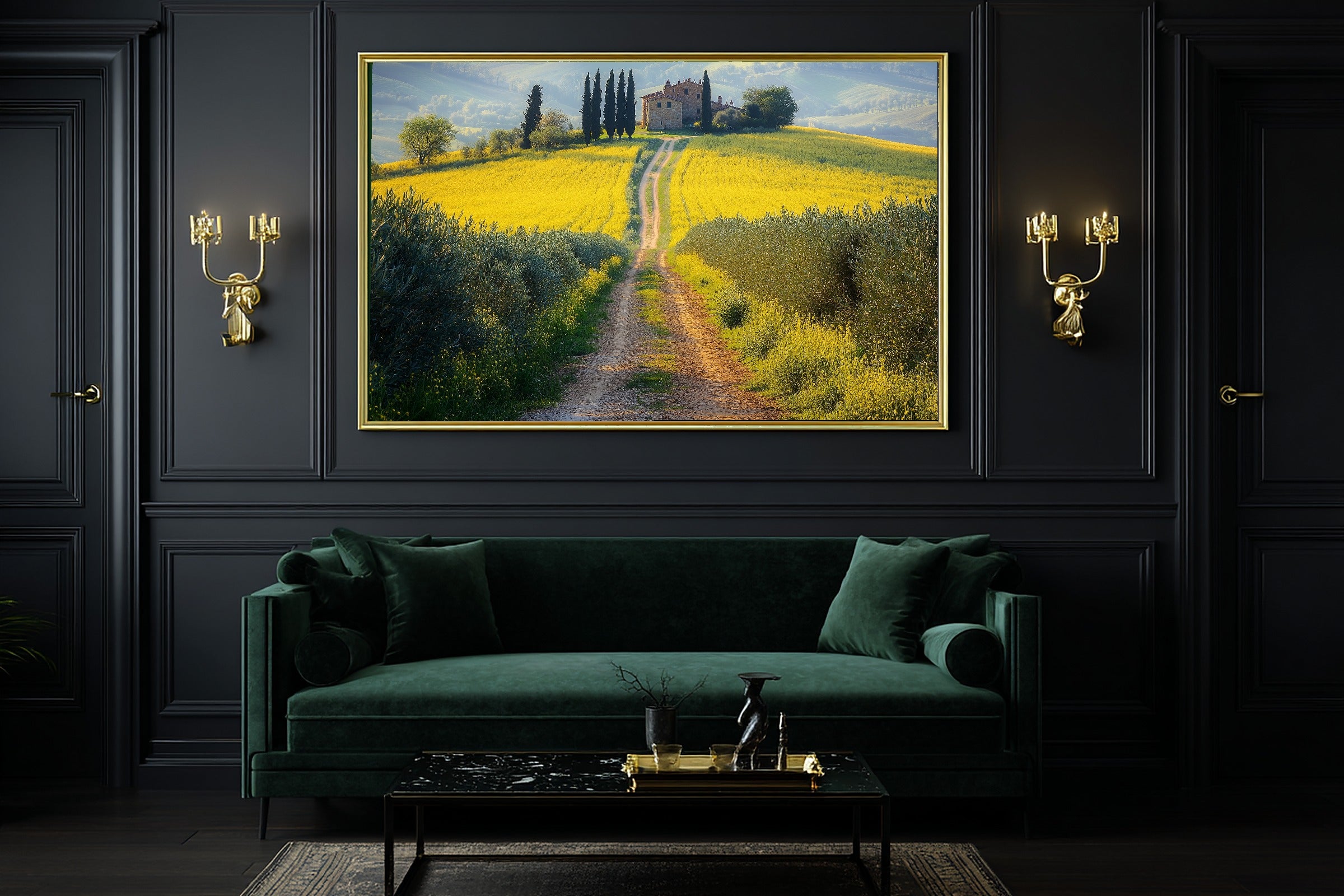Butter Yellow Tuscan Rapeseed Road Fine Art Canvas, Romantic Mediterranean Wall Art, Warm Mediterranean Light Kitchen Art — butter-yellow-tuscan-rapeseed-road-office-wall-art.jpg