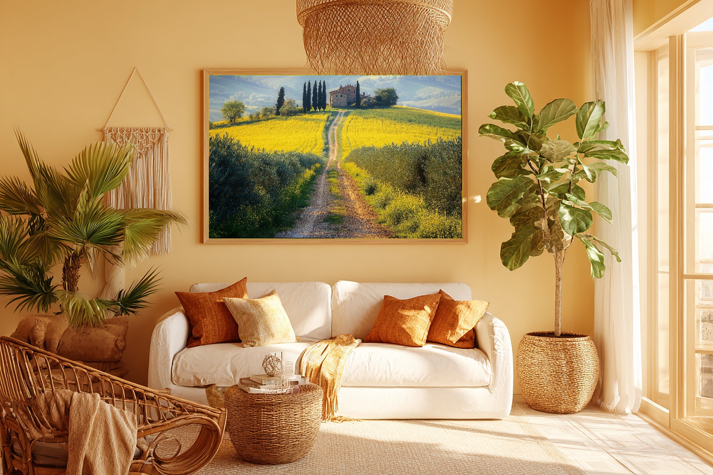 Butter Yellow Tuscan Rapeseed Road Fine Art Canvas, Romantic Mediterranean Wall Art, Warm Mediterranean Light Kitchen Art — butter-yellow-tuscan-rapeseed-road-room-5-wall-art.jpg