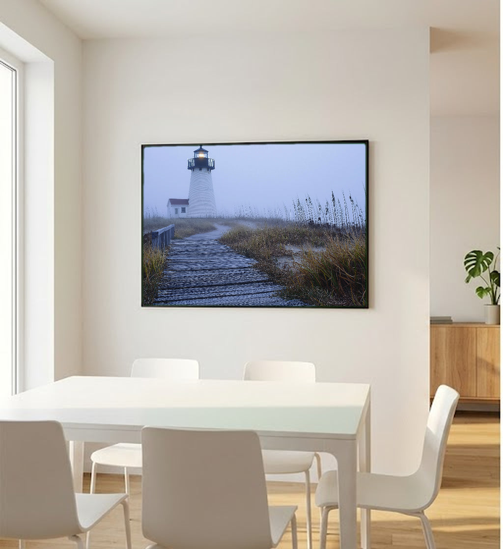 Cape Cod Lighthouse Canvas Wall Art | Foggy Coast Painterly Print, New England Decor, Stretched Canvas — cape-cod-lighthouse-fog-bedroom-wall-art.jpg