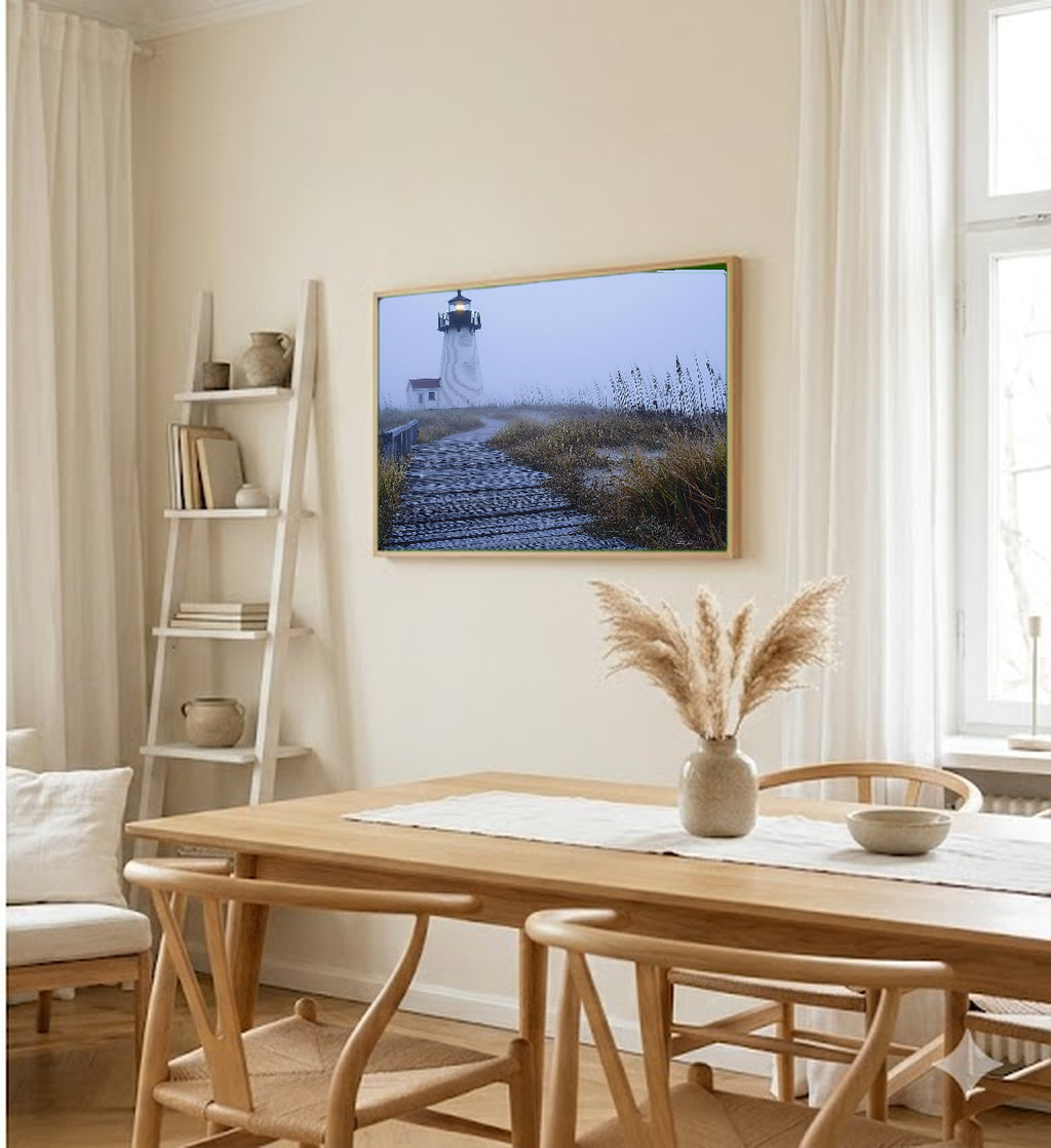 Cape Cod Lighthouse Canvas Wall Art | Foggy Coast Painterly Print, New England Decor, Stretched Canvas — cape-cod-lighthouse-fog-dining-room-wall-art.jpg
