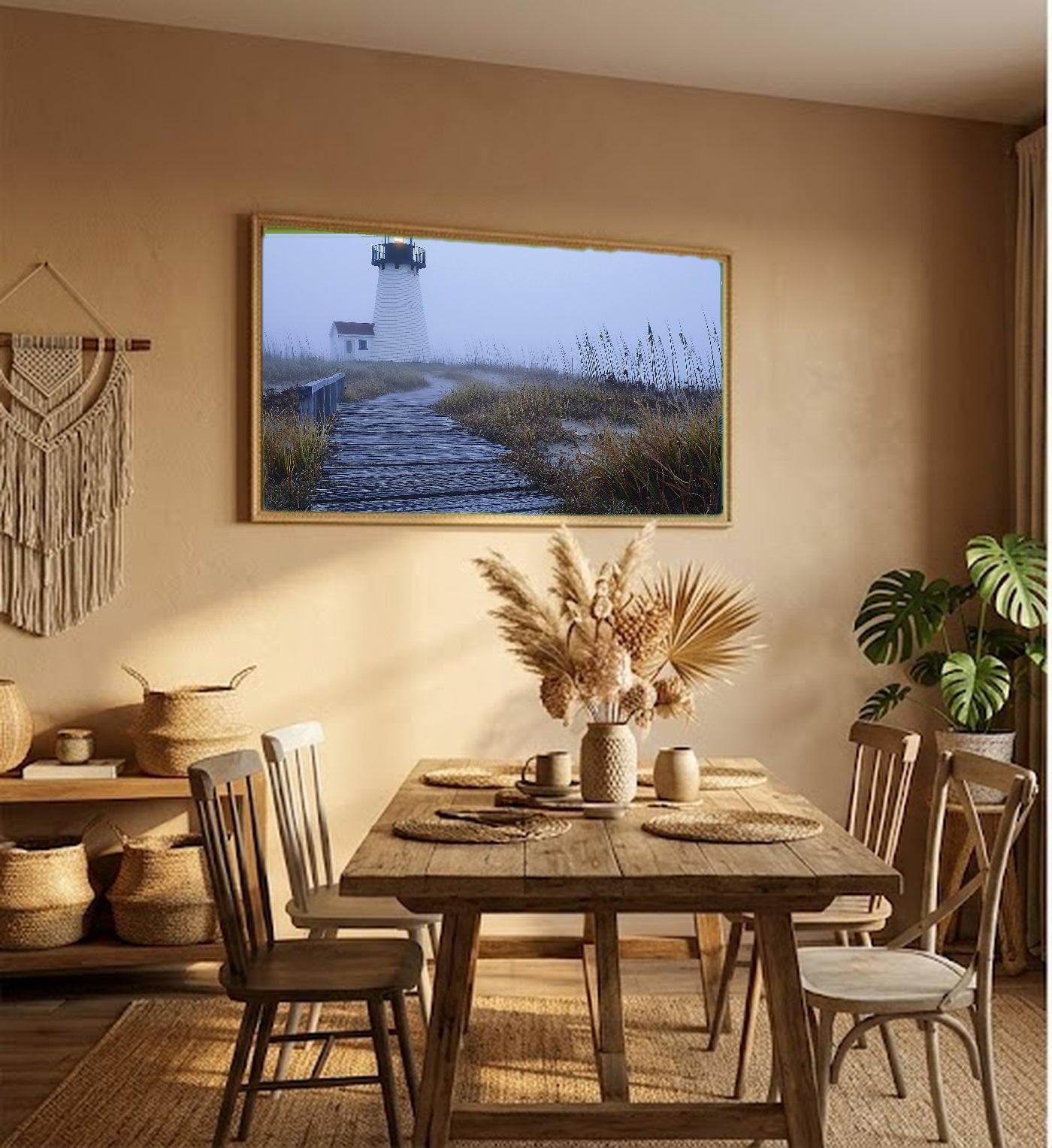 Cape Cod Lighthouse Canvas Wall Art | Foggy Coast Painterly Print, New England Decor, Stretched Canvas — cape-cod-lighthouse-fog-hallway-wall-art.jpg