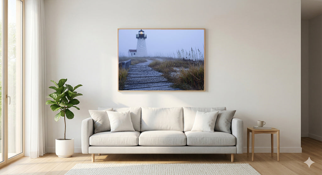 Cape Cod Lighthouse Canvas Wall Art | Foggy Coast Painterly Print, New England Decor, Stretched Canvas — cape-cod-lighthouse-fog-living-room-wall-art.jpg
