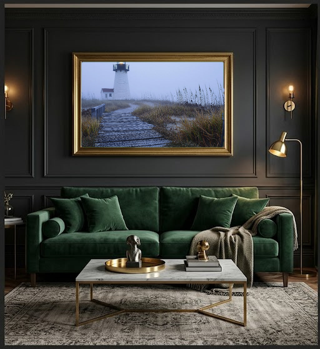 Cape Cod Lighthouse Canvas Wall Art | Foggy Coast Painterly Print, New England Decor, Stretched Canvas — cape-cod-lighthouse-fog-office-wall-art.jpg