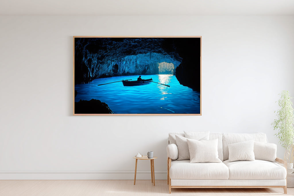 Soft Ocean Capri Blue Grotto Art Print — Hazy Coastal Decor for the Beach House, Stretched Canvas the Coastal Soul Will Love — capri-blue-grotto-bedroom-wall-art.jpg