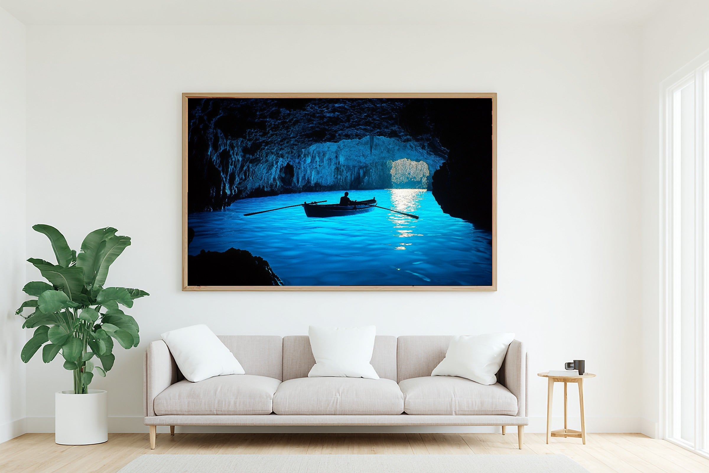 Soft Ocean Capri Blue Grotto Art Print — Hazy Coastal Decor for the Beach House, Stretched Canvas the Coastal Soul Will Love — capri-blue-grotto-living-room-wall-art.jpg