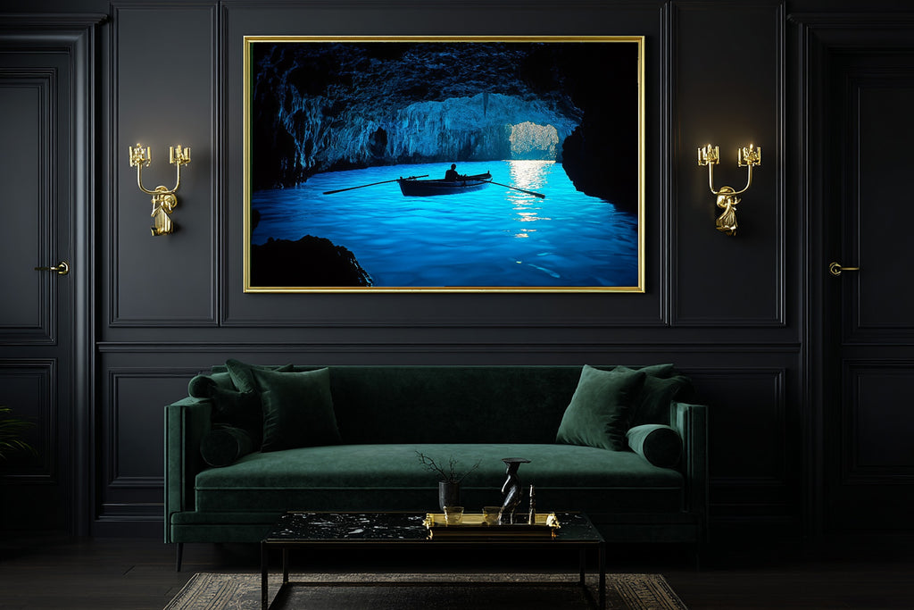 Soft Ocean Capri Blue Grotto Art Print — Hazy Coastal Decor for the Beach House, Stretched Canvas the Coastal Soul Will Love — capri-blue-grotto-office-wall-art.jpg