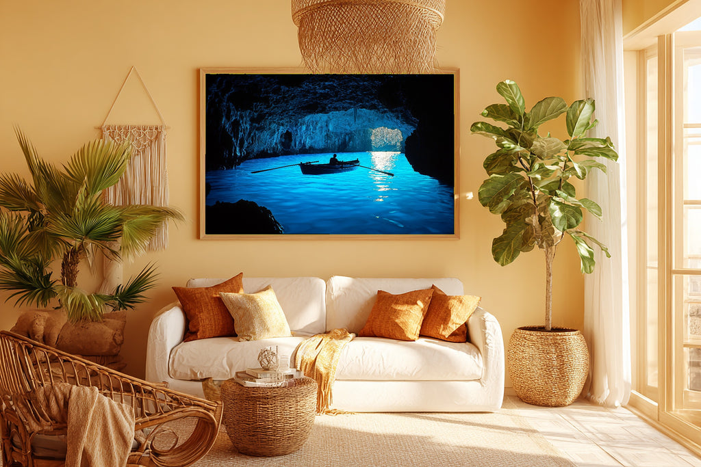 Soft Ocean Capri Blue Grotto Art Print — Hazy Coastal Decor for the Beach House, Stretched Canvas the Coastal Soul Will Love — capri-blue-grotto-room-5-wall-art.jpg