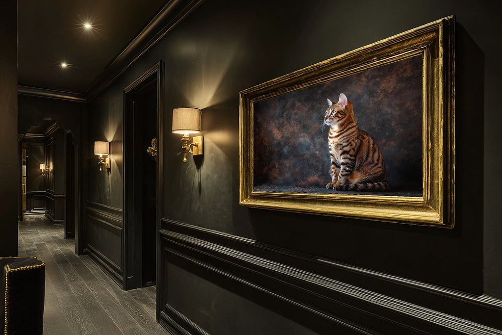 Heartfelt Cat Portrait Bengal — Soulful Painterly Wall Art, Warm Living Room Decor, Stretched Canvas, Ready to Hang — cat-portrait-bengal-hallway-wall-art.jpg