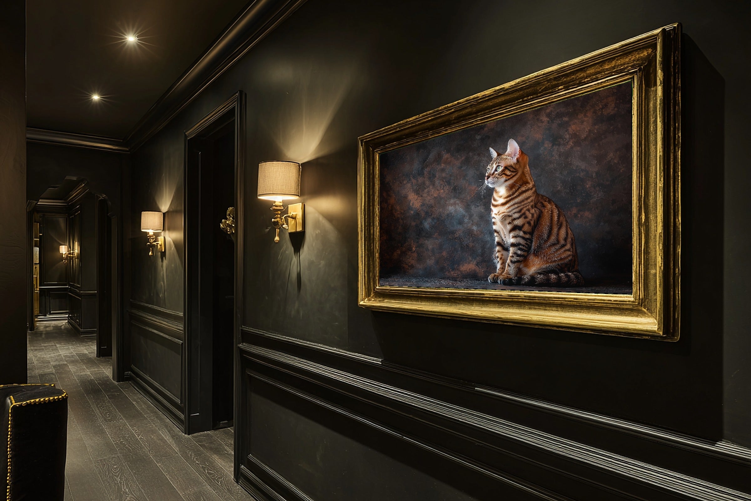 Heartfelt Cat Portrait Bengal — Soulful Painterly Wall Art, Warm Living Room Decor, Stretched Canvas, Ready to Hang — cat-portrait-bengal-hallway-wall-art.jpg